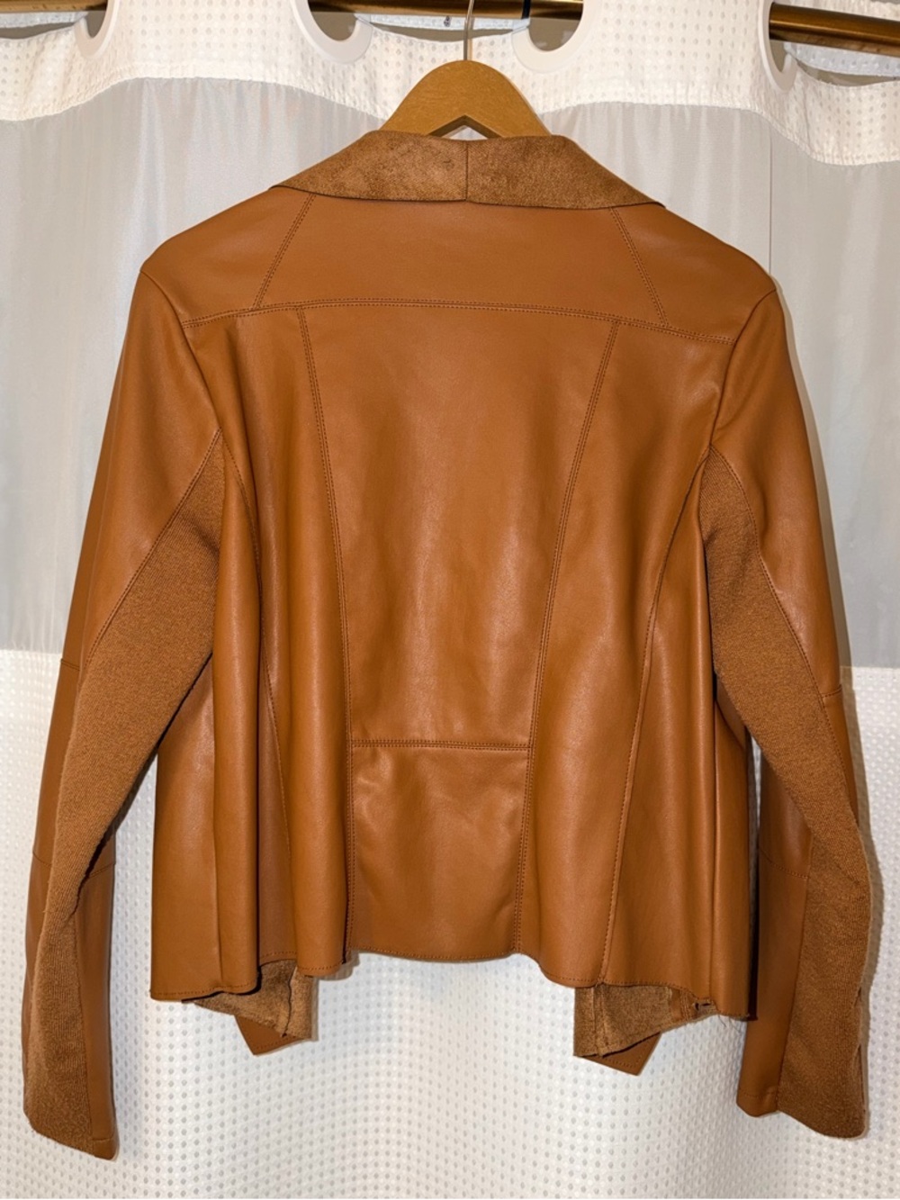 Bagatelle Women's Cognac Faux Leather Open Front Draped Waterfall Jacket Large - Picture 4 of 6